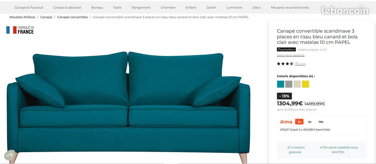 Urgent Canapé convertible scandinave 3 places en tissu bleu paon et bois clair avec matelas 10 cm CREEP (image 2)