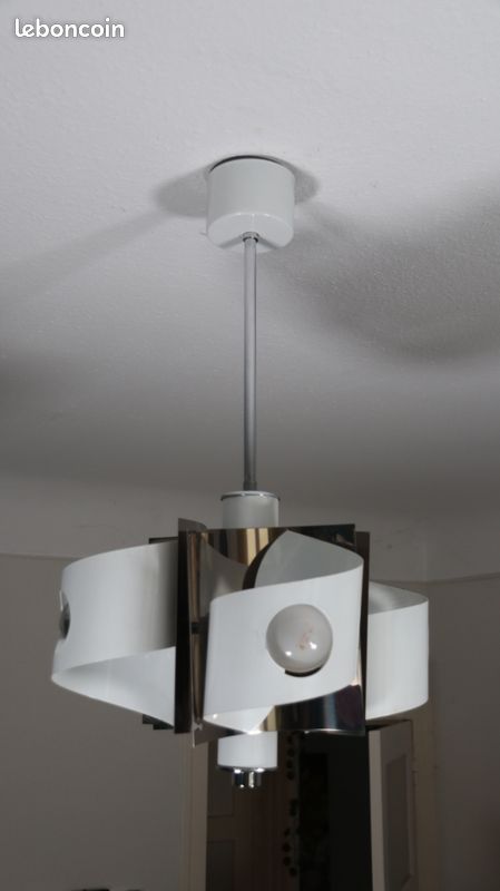 Lustre 4 Feux en Acier Laqué Blanc et Chrome - Vintage , Space Age / Rétro Futuriste , Années 70 (image 8)