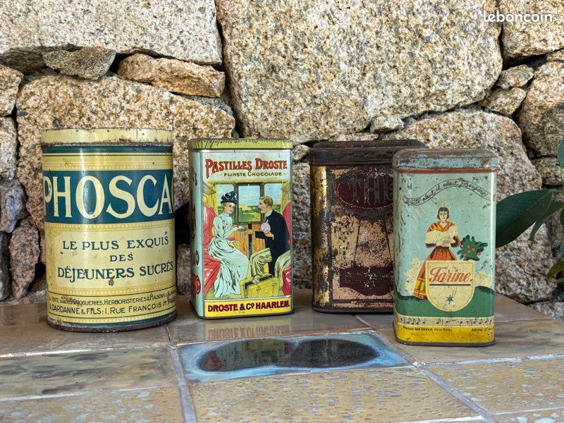 4 Boîtes Métal Tôle Serigraphiée Vintage Publicitaire Ancienne DROSTE PHOSCAO ELESCA THÉ cuisine (image 1)