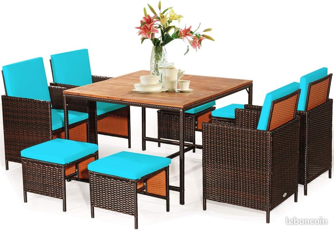 Salon de Jardin Encastrable Rotin Marron -Table Plateau Bois Acacia - Fauteuils - Tabourets - Coussins Turquoise Déhoussables (image 2)