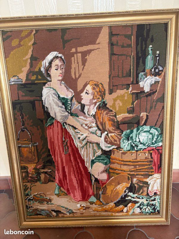 Grand canevas vintage brodé main encadré – scène ancienne (image 1)