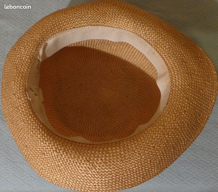 CHAPEAU EN PAILLE NATURELLE 1960 T. 53 cm avec RUBANS FLEUR EN TISSU BLEU mariage, été, défilé vintage, fabriqué en France (image 7)