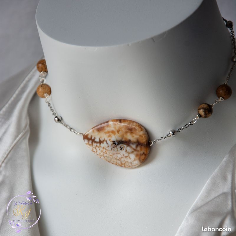 Collier Ras de Cou Femme LYSSA (34-44 cm) Agate Naturelle Goutte