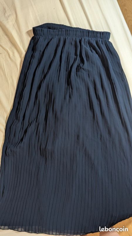 Jupe Vintage Benetton En Jute Rayée Bleu Or - Taille M - Genou évasée Plissée - Italie