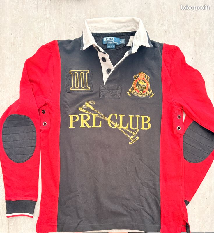 Polo Ralph Lauren PRL Club Rugby Shirt Custom Fit S Noir Rouge Brodé Vintage (image 1)