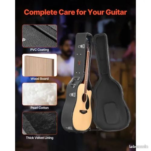 Étui de guitare VEVOR, étui rigide en forme de citrouille de 110 cm, avec serrure et poignée à clé, rembourrage en PVC, pour guitares acoustiques de 99 à 104 cm, noir (image 4)