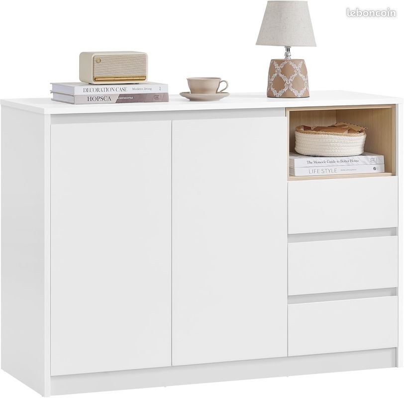 Buffet Moderne – Armoire de Rangement Minimaliste – 3 Tiroirs & Placard à Étagères Réglables – Design Blanc Nuage sans Poignées – 103,3 cm (image 1)