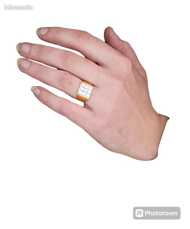 Bague Chevalière Ancienne En Or 750 (18k) Ronde Pavée De 9 Diamants - Taille M, Occasion Avec Poinçon