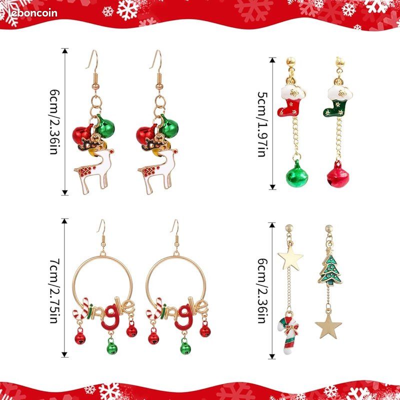Lot De 6 Paires De Boucles D'oreilles Pendantes Noël - Acier Inoxydable, Motifs Père Noël, Sapin, élan - Cadeau Pour Femme, Fille