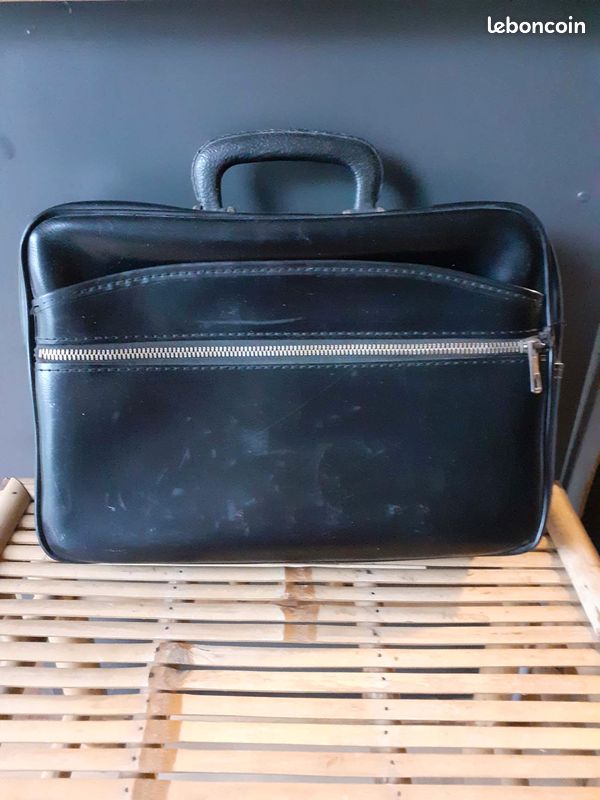 Sacoche cartable cuir noir vintage (année 60) (image 1)