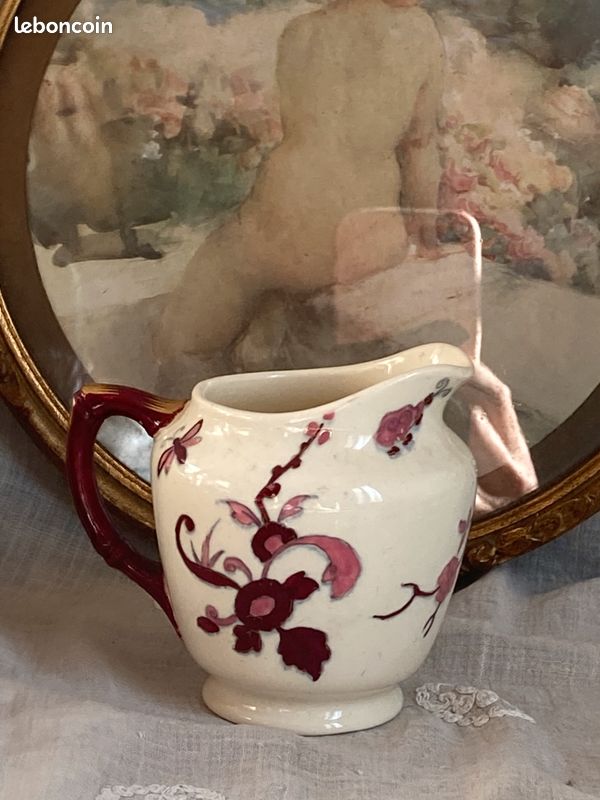 Petit pot à lait ancien Sarreguemines 1900 / fin 19ème modèle Tonkin anse bambou (image 1)
