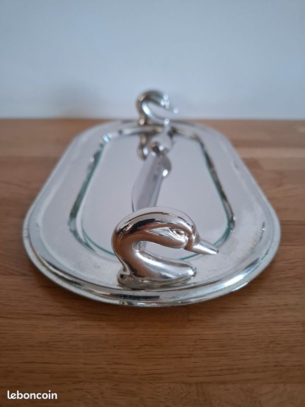 Plat à Foie Gras Avec Plateau Verre Et Couteau – Métal Argenté – Vintage
