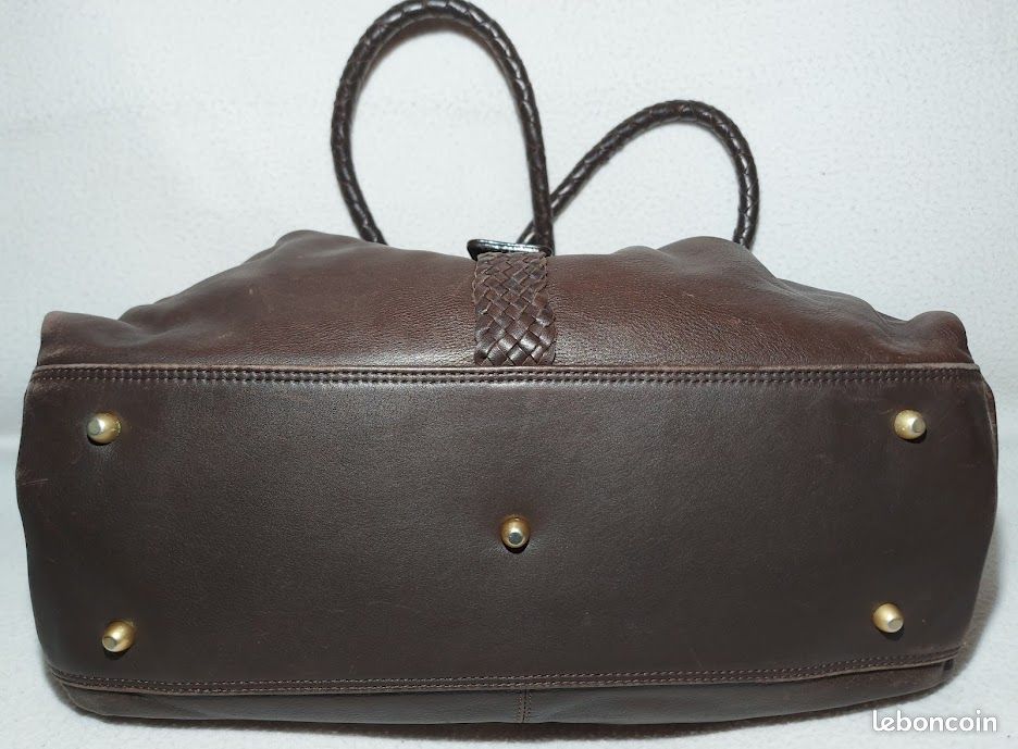 Caroll Sac à Main Cuir de Vachette Grainé Anses & Rabat Tréssé Marron Foncé Hauteur 26 cm Vintage (image 6)