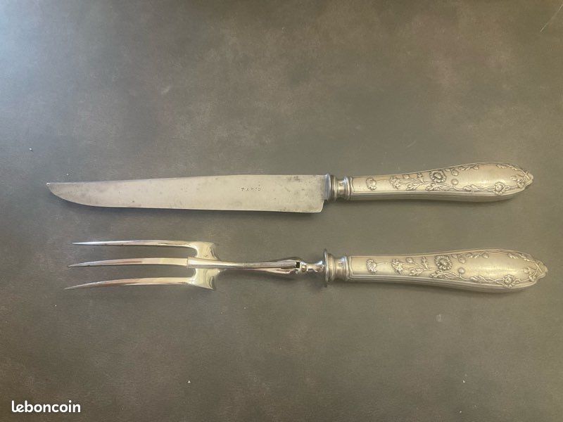 Service à découper le gigot manche en argent massif fourré en