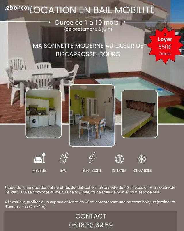 Maison 2 pièces 40 m² · à Biscarrosse · 40 m² · 550 €/mois