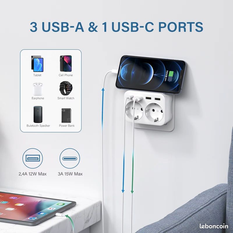 Multiprise Electrique 4000W Multiprise 10 Prises avec 4 Ports USB Bloc Multiprise Parafoudre Surtension avec Interrupteur Câble 2M Multiprise Electrique 4000W Multiprise 10 Prises avec 4 Ports USB Bloc Multiprise Parafoudre Surtension avec Interrupteur Câble 2M