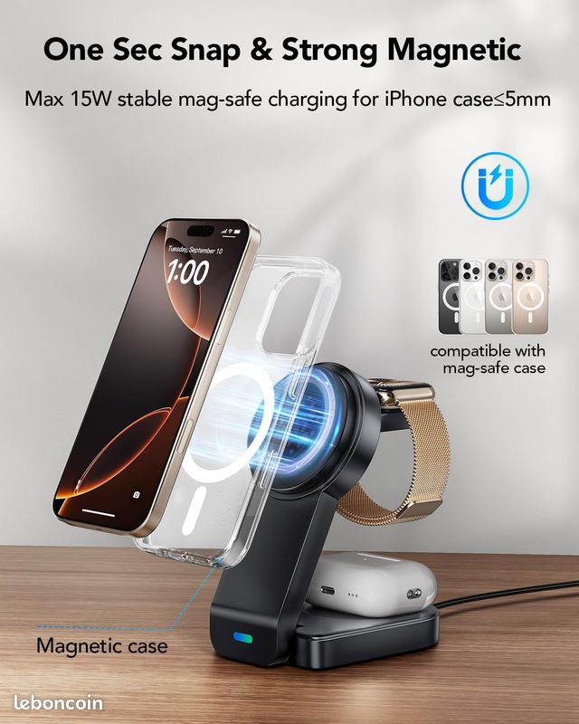 Chargeur Sans Fil MagSafe Ultra-Rapide – Station Magnétique 15W Compatible IPhone 16/15/14/13/12, AirPods Pro 2 & 3 – Design Antidérapant Et Intelligent