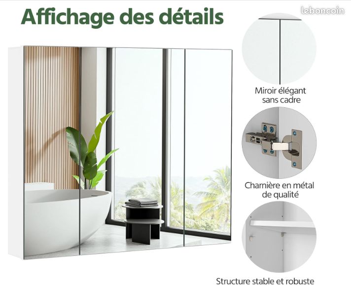 Armoire de salle de bain murale Yaheetech avec 3 portes, 3 miroirs, 2 niveaux, hauteur réglable 70,5 x 15 x 60,5 cm (image 4)