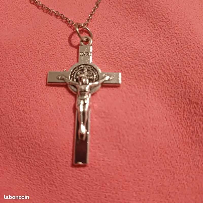 Collier Pendentif Croix Crucifix En Argent Sterling 925 Saint Benoît Avec Chaîne - Neuf