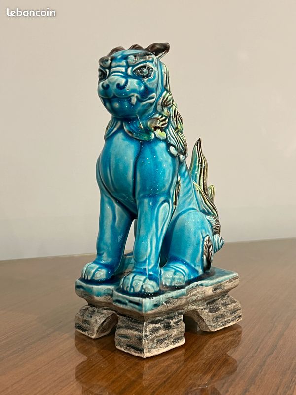 2 figurines de chien FOO japonaises années 50 en céramique bleue et verte (image 6)