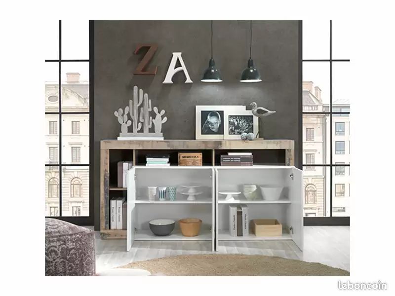 BUFFET SEFRO - 4 PORTES ET 4 NICHES - BLANC LAQUÉ ET CHÊNE ( imitation bois vintage) (image 1)