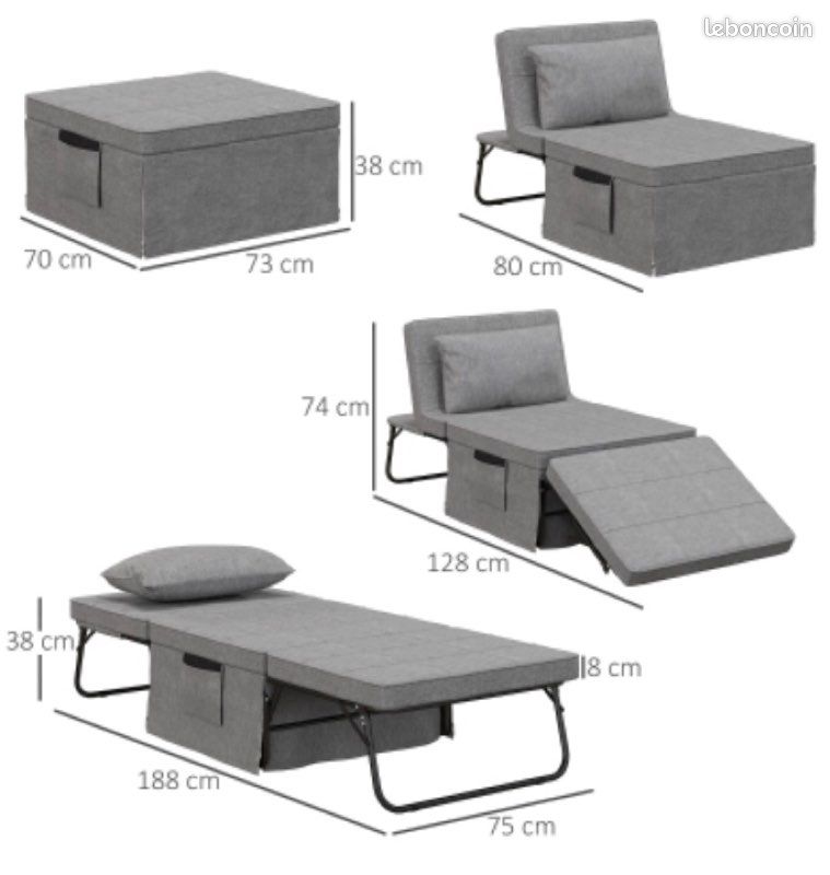 Fauteuil chauffeuse lit convertible dossier inclinable 5 positions 1 place tissus gris (image 1)