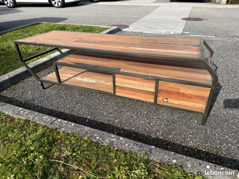Meuble TV / table basse en bois de bateau et métal (image 3)