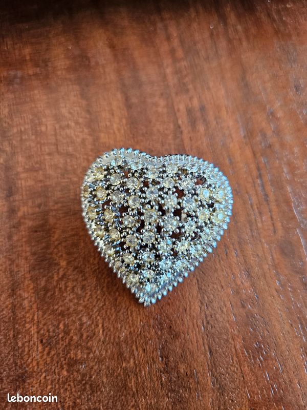 Broche Vintage En Forme De Cœur - Argenté Avec Strass - 3.5cm - France - Occasion