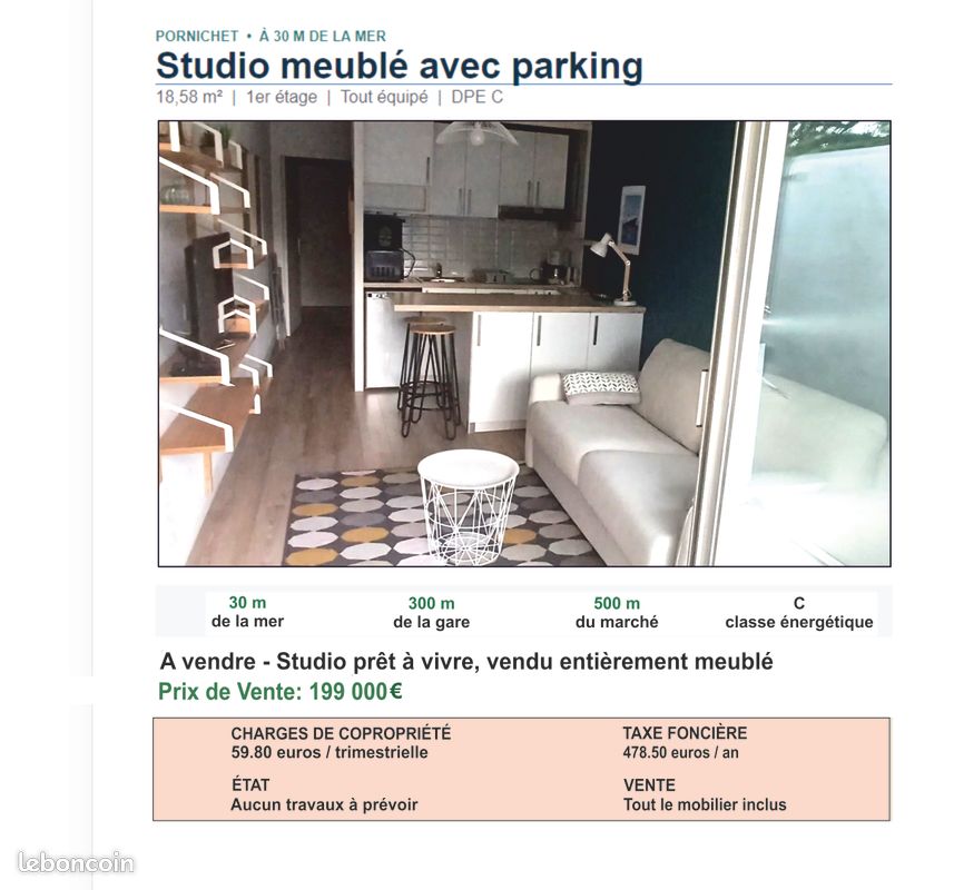 Appartement 1 pièce 19 m² · à Pornichet · 18,6 m² · 199 000 €