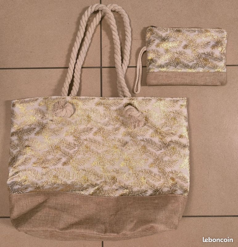 Grand sac cabas doré beige et pochette assortie (image 1)