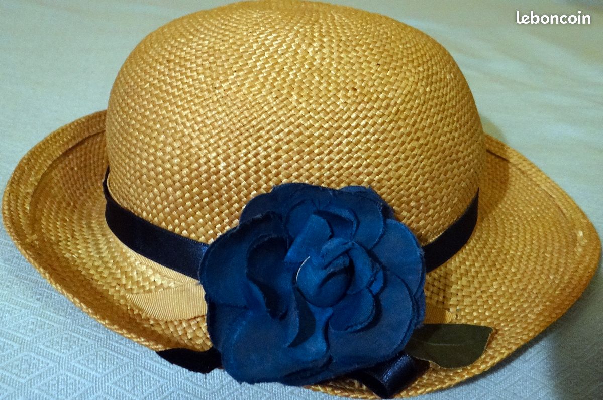 CHAPEAU EN PAILLE NATURELLE 1960 T. 53 cm avec RUBANS FLEUR EN TISSU BLEU mariage, été, défilé vintage, fabriqué en France (image 4)