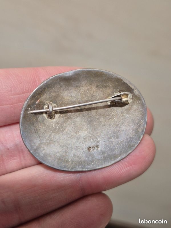 Broche Ancienne En Argent Massif 850/1000 Avec Onyx - Bijou Vintage Occasion