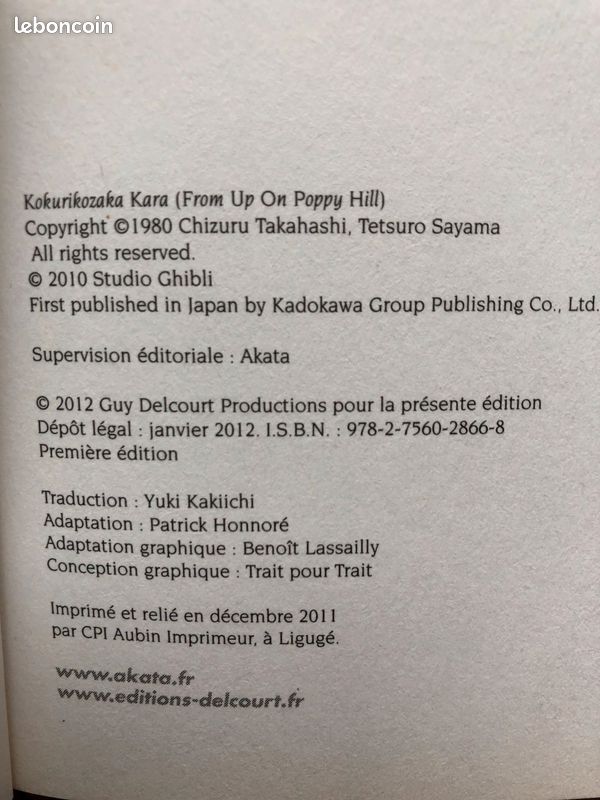 Manga 2011 - la colline aux coquelicots - Chizuru Takahashi - Tetsuro Sayama - Delcourt (image 3)