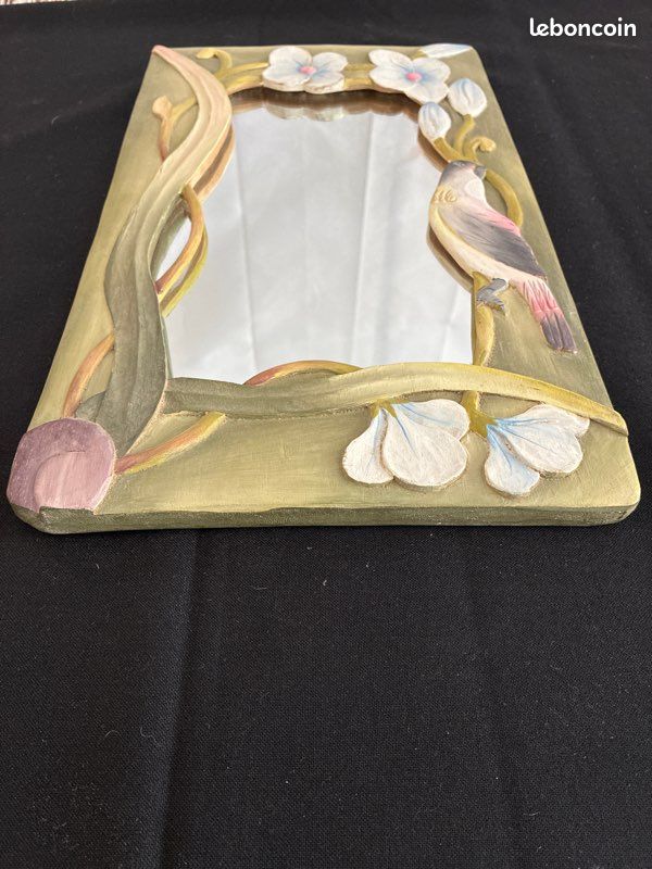 Miroir vintage en bois sculpté oiseau et fleurs (image 15)