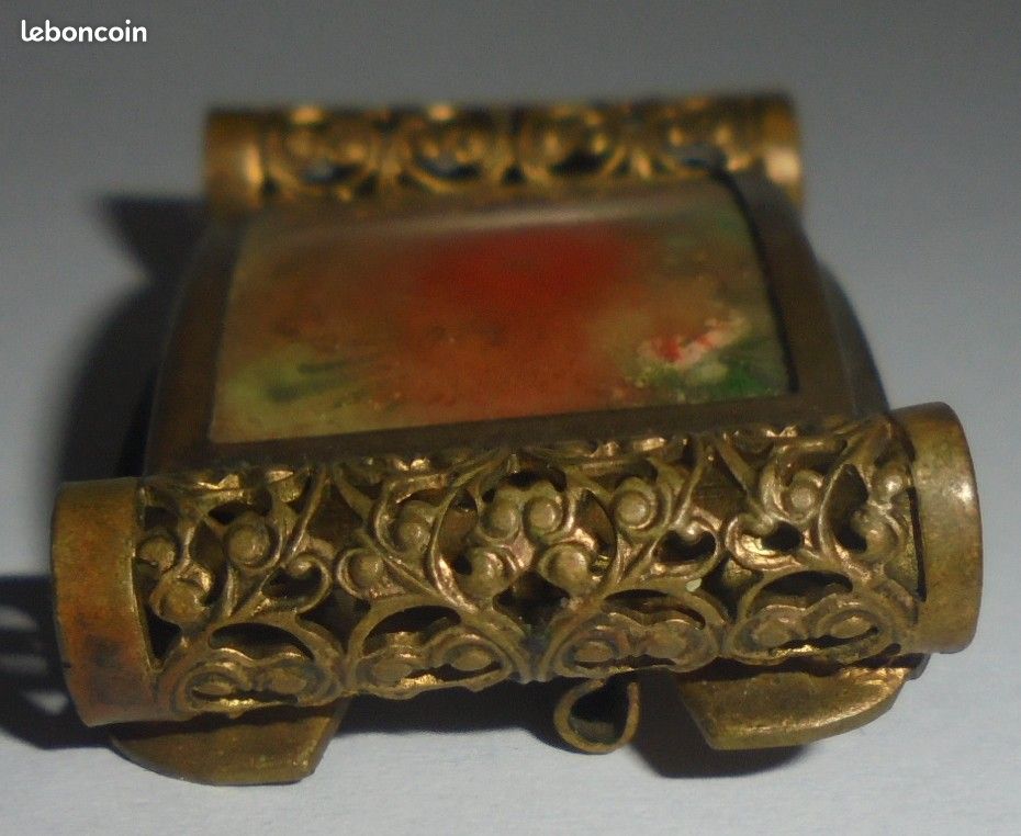 Ancienne Broche Peinture Miniature Fleurs Signée E B - Bijou Vintage En Laiton Et Verre
