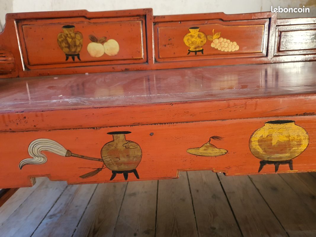Lit de fumeur d'opium chinois en bois laqué rouge comme console décorative de salon (image 6)