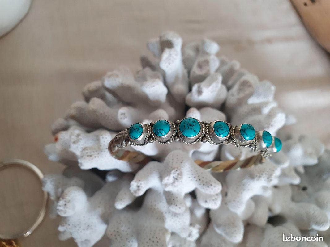 Bracelet Manchette Argent 925 Avec Turquoise Bleue Naturelle - Fait Main