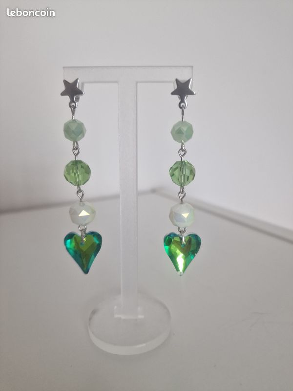 Boucles D'oreilles Pendantes Perles Verre Murano Argent Et Vert - Neuf Sans Emballage