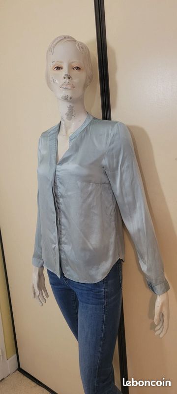 Blouse Femme Caroll Taille 38 - Manches Longues Gris-vert Velours - Occasion Très Bon état