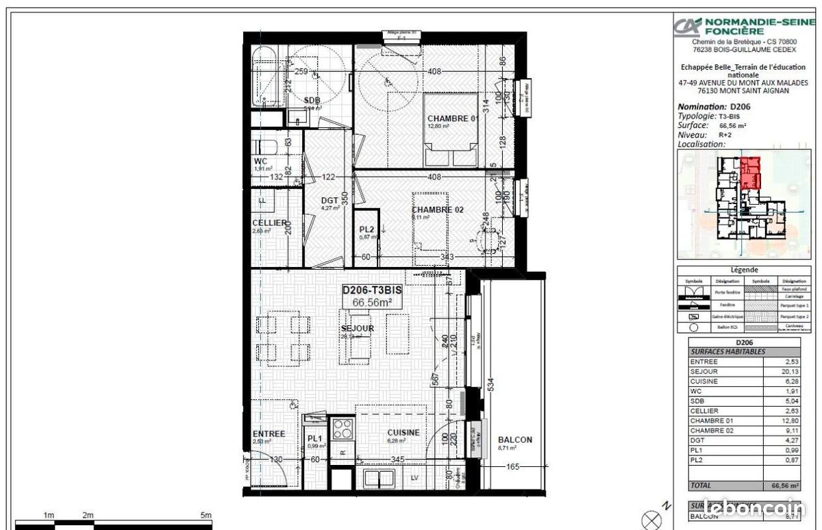 Appartement 3 pièces 66 m² · à Mont-Saint-Aignan · 66 m² · 758 €/mois