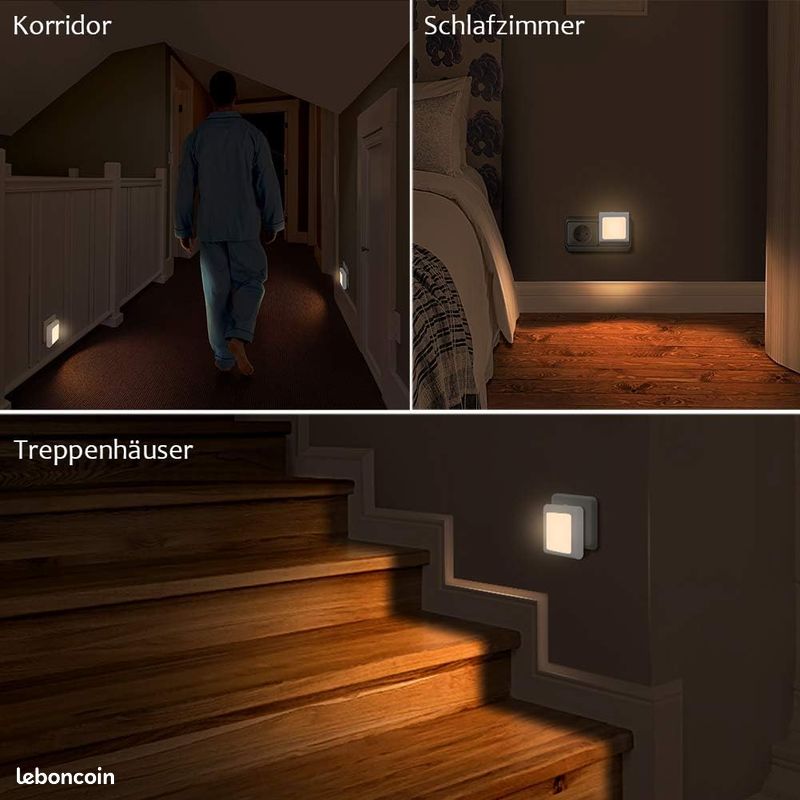 Lot De 4 Veilleuses LED Avec Capteur Crépuscule - 5 Niveaux Luminosité, 3000K Blanche Chaude, Idéales Pour Couloirs, Chambres Et Escaliers