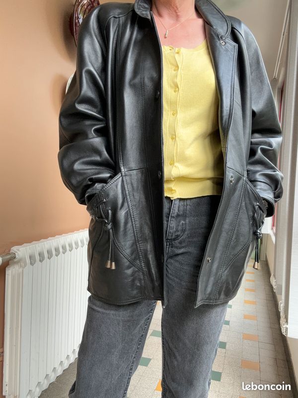 Veste En Cuir Noir Vintage Années 80 – Taille L, Occasion Très Bon état (8/10), Style Rétro