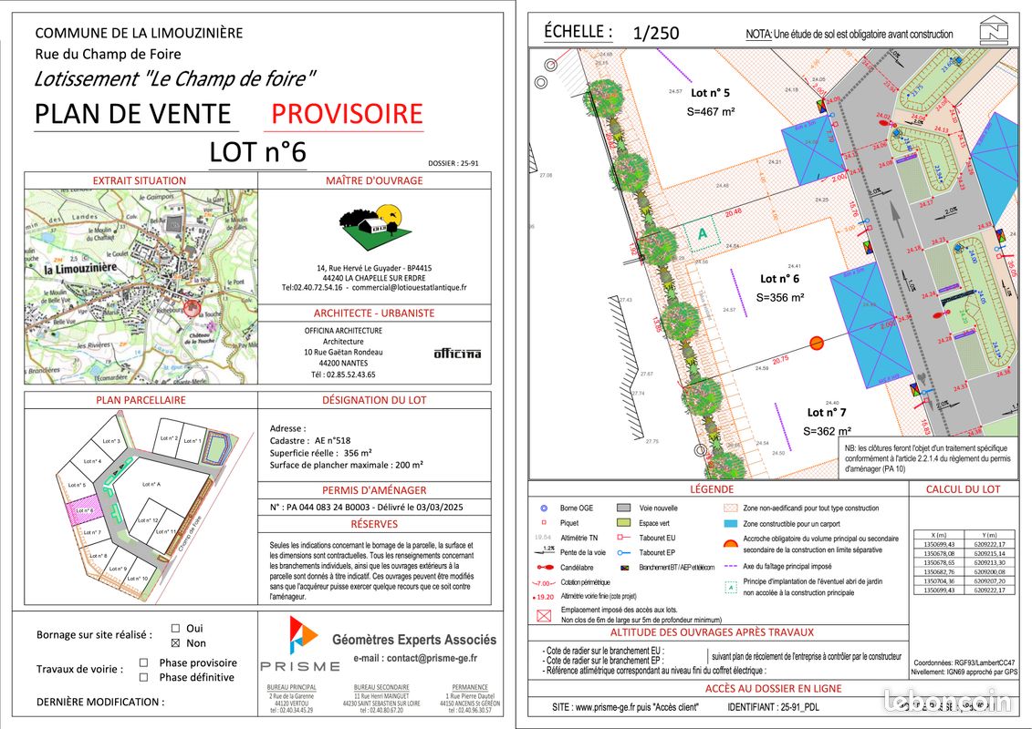 TERRAIN VIABILISE 356 m2 LA LIMOUZINIERE (7 km de ST PHILBERT DE GRANDLIEU) · à La Limouzinière · 82 380 €