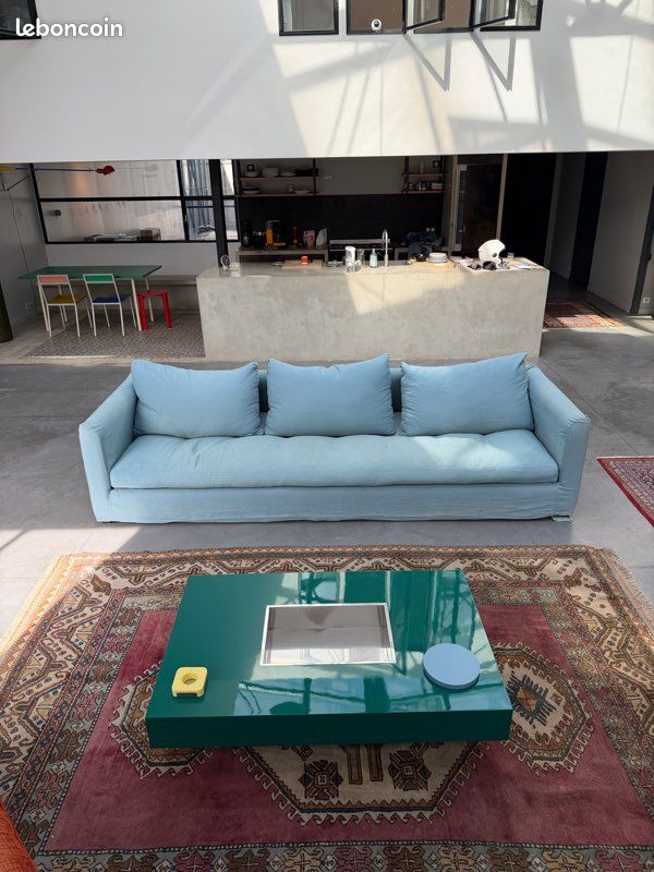 Canapé 3 Places Caravane En Lin Bleu - 180 Cm - Coussins Inclus