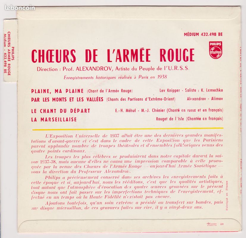 Disque vinyle 45 tours Chœurs de l'armée rouge - Alexandrov – Plaine ma plaine… (image 2)