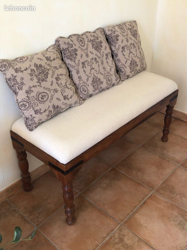 Banc en bois avec assise en tissu écru (image 2)