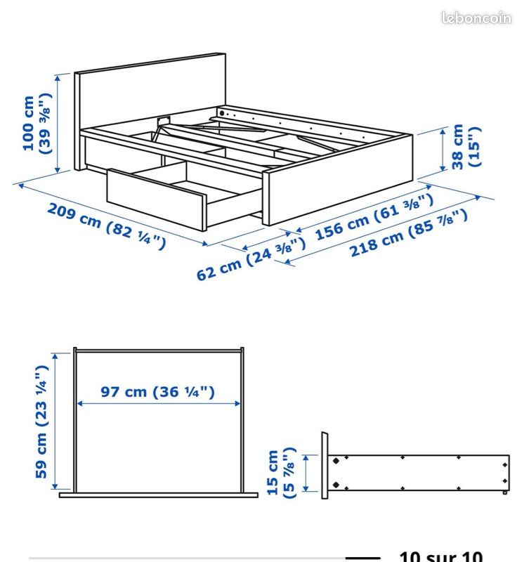 Cadre de lit IKEA MALM Noir 140x200 + Matelas IKEA MYRBACKA + 2 sommiers à lattes IKEA LÖNSET (image 2)