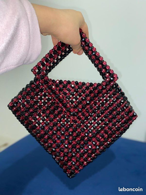 Sac Velours Noir Brodé Perles Violet Bleu - Cross Body Halloween, Fait Main