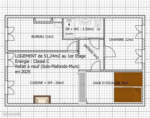 Appartement T2, 3 pièces, 51m2 rénové à louer à NERAC 47600