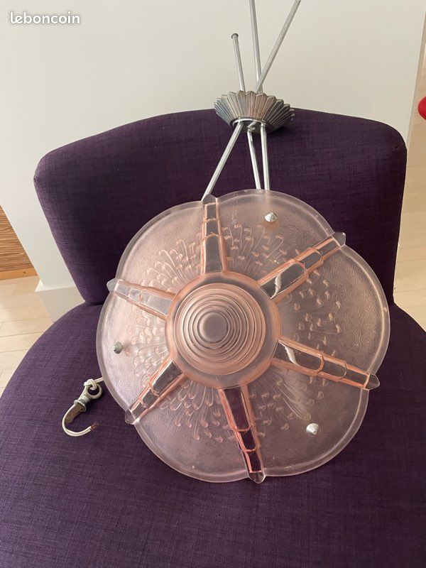 Lustre verre rose et métal chromé Art Déco (image 1)